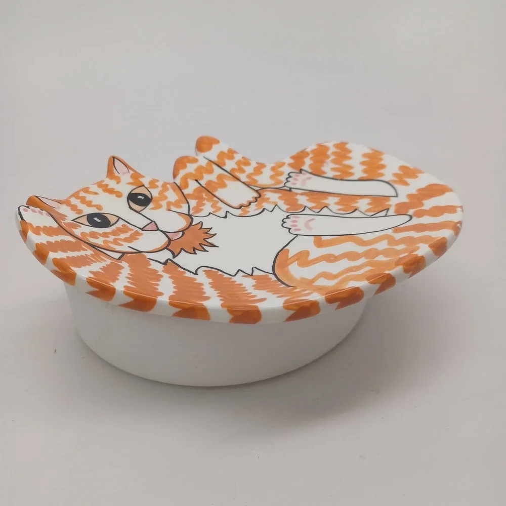 Cats by Nina Lyman Orange Tabby Ceramic Trinket Dish Figural Cat Plate 6 Inch